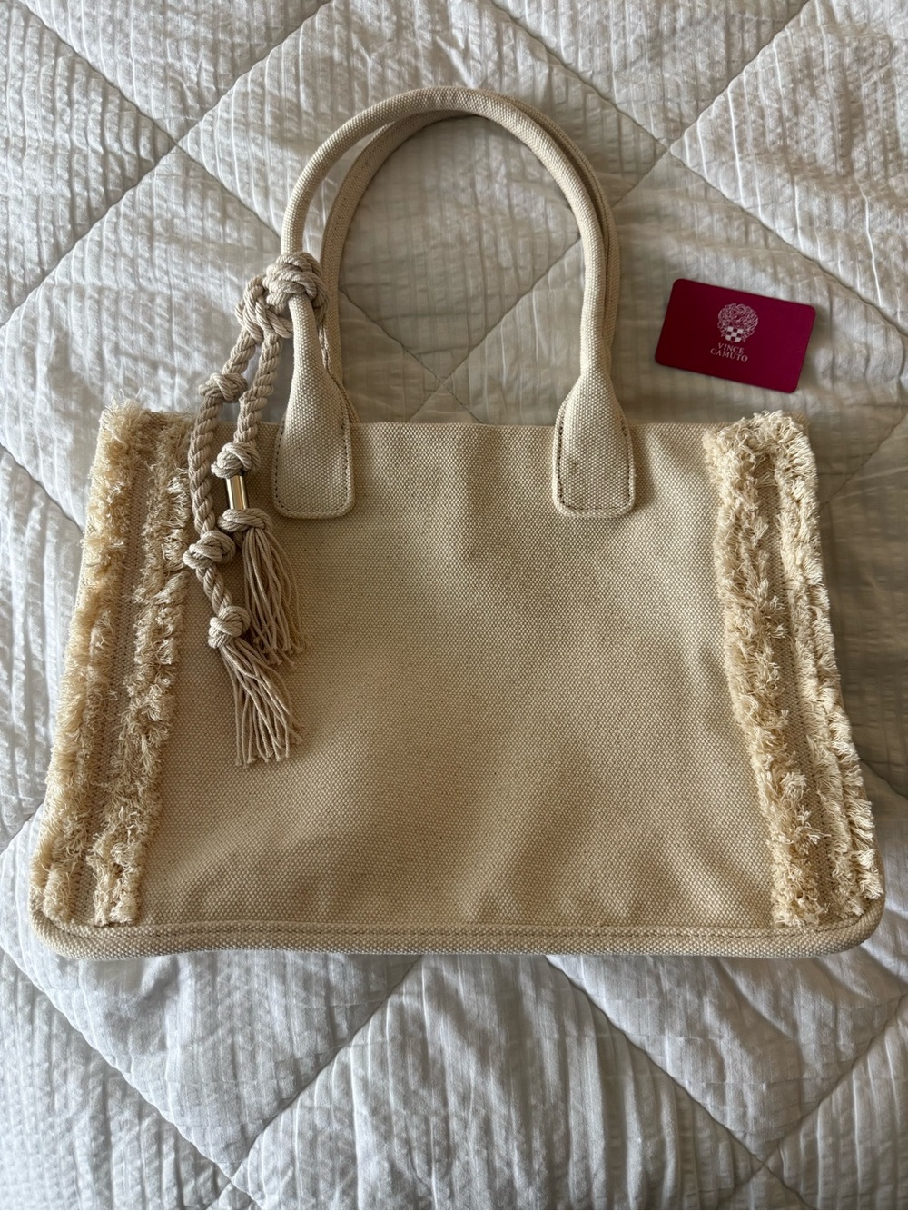 Vince Camuto Cream Canvas Tote with Fringe Tassel